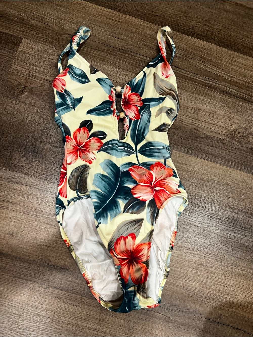 Vintage Caribbean Joe Cream One-Piece Swimsuit with Red Floral Print